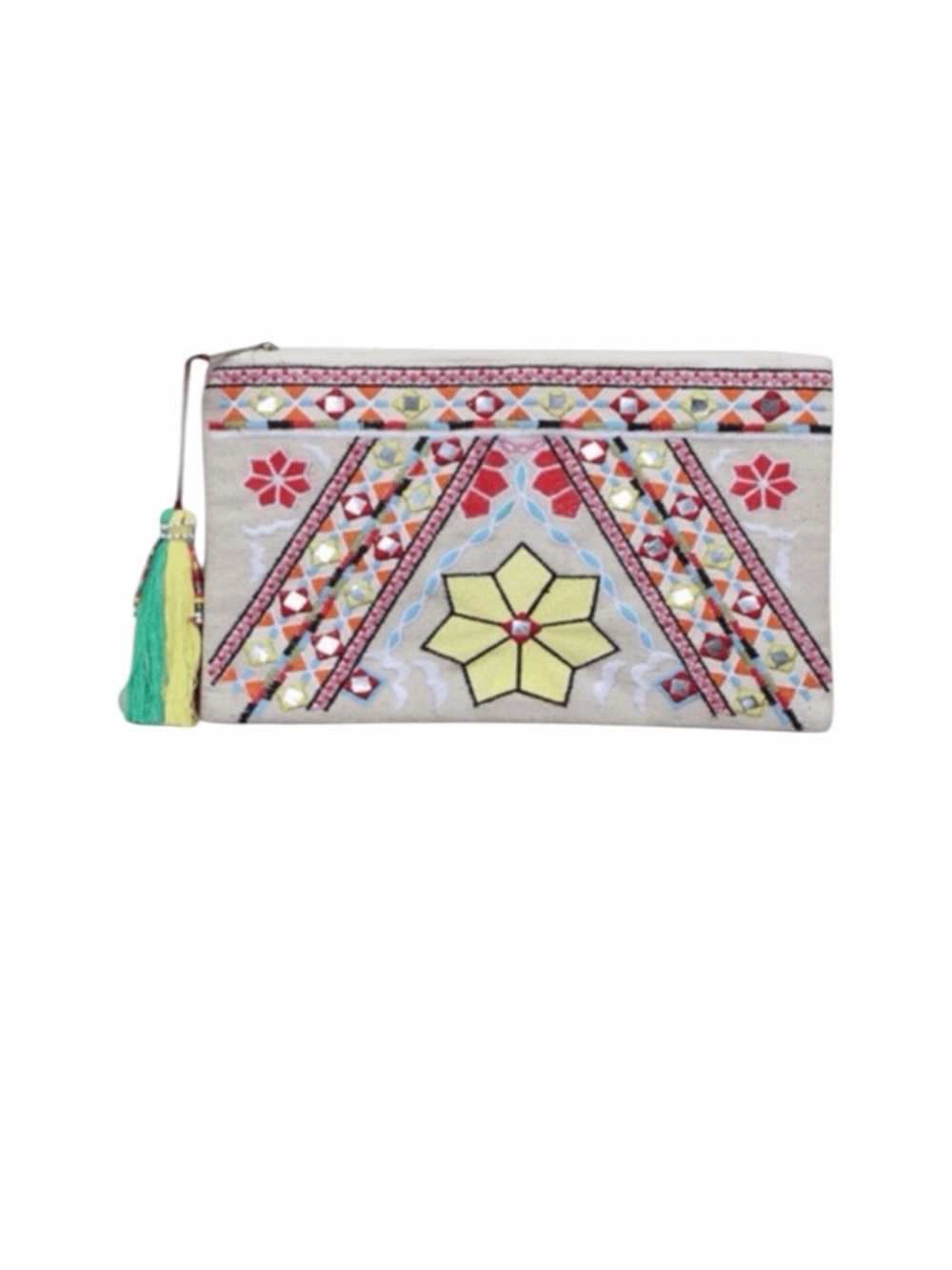 LoveStitch Multicolor Embroidered Clutch Mirrored Accents Top Zipper Pull NWT